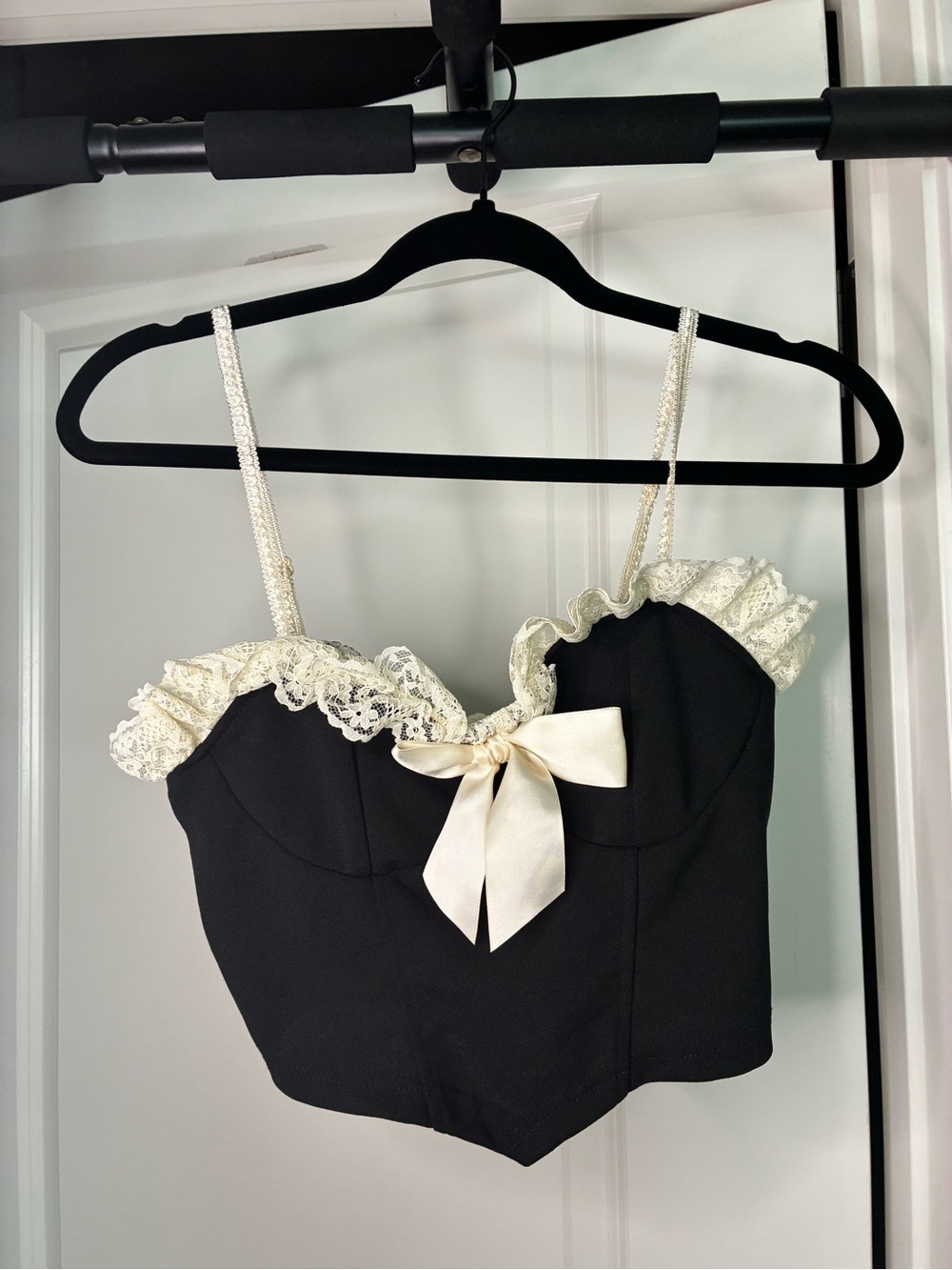 SHEIN Black Crop Top with Cream Lace & Satin Bow